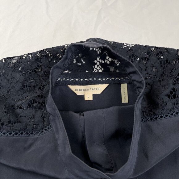 Rebecca Taylor Navy Blue Top Size 0 Silk Small Short Sleeve Round Neck Keyhole - Picture 4 of 6